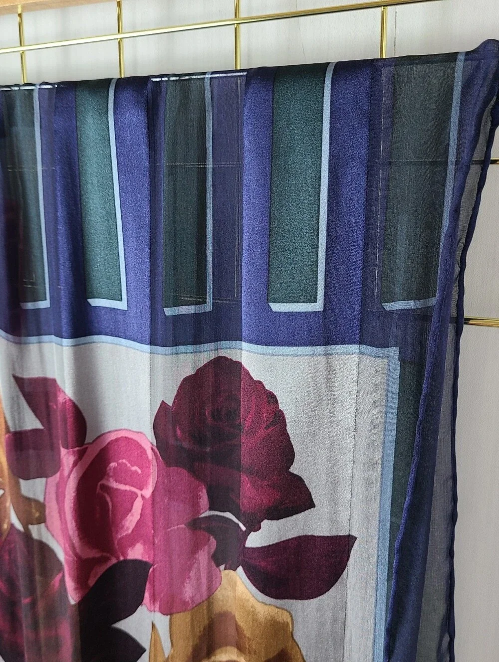 Halston Navy Burgundy Rose Floral Oblong Vintage Silk Scarf